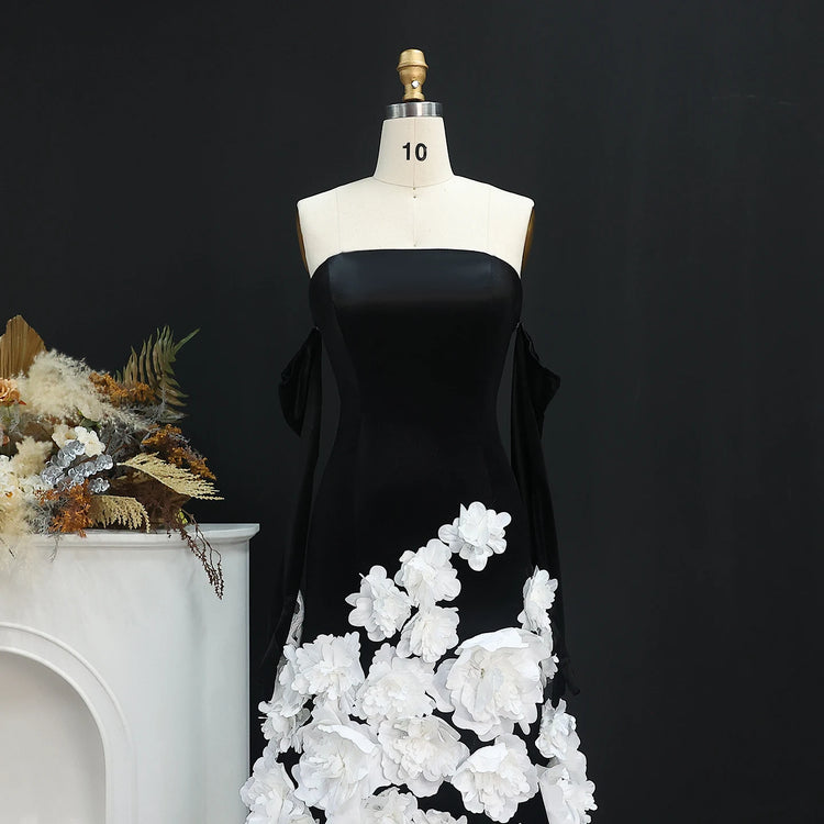 Vestido de Festa Longa Noite Floral Elegância em Preto e Branco