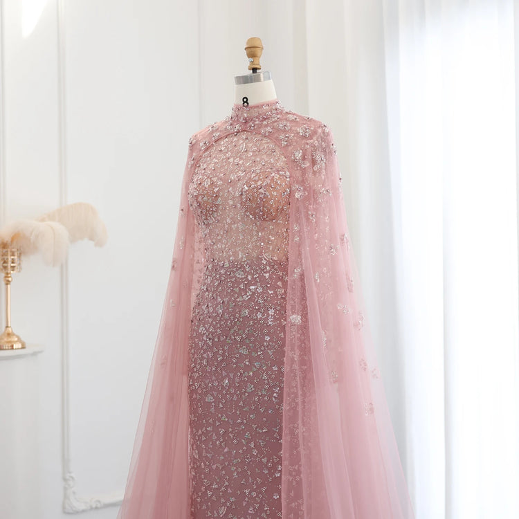 Vestido de Festa Longo com Capa Renda Brilho Rosa Empoeirado - Modelo Especial