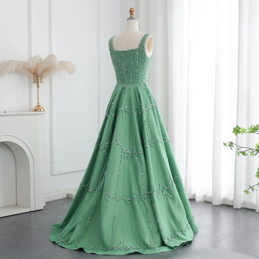 Vestido de Festa Verde Longo com Alça Estilo Spaghetti e Bordados