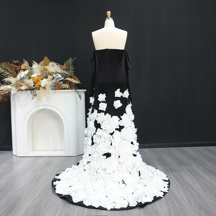 Vestido de Festa Longa Noite Floral Elegância em Preto e Branco