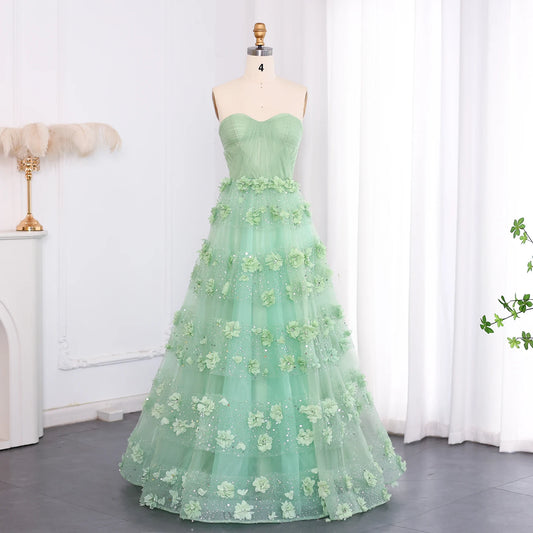 Vestido de Festa Longo Verde com Flores 3D