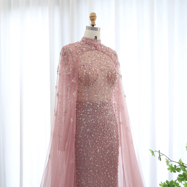 Vestido de Festa Longo com Capa Renda Brilho Rosa Empoeirado - Modelo Especial