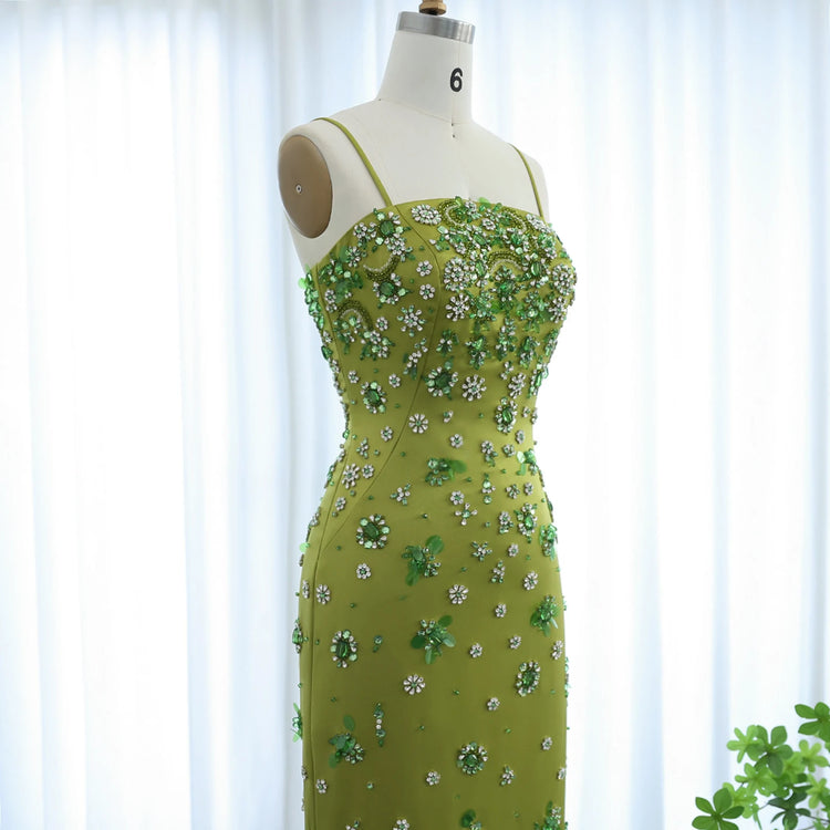 Vestido de Festa Longo Floral Spaghetti Verde