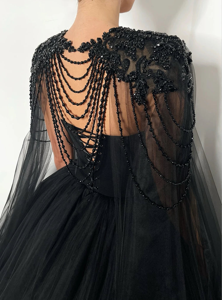 Vestido de Festa Longo em Tule e Brilho Preto - Modelo Especial