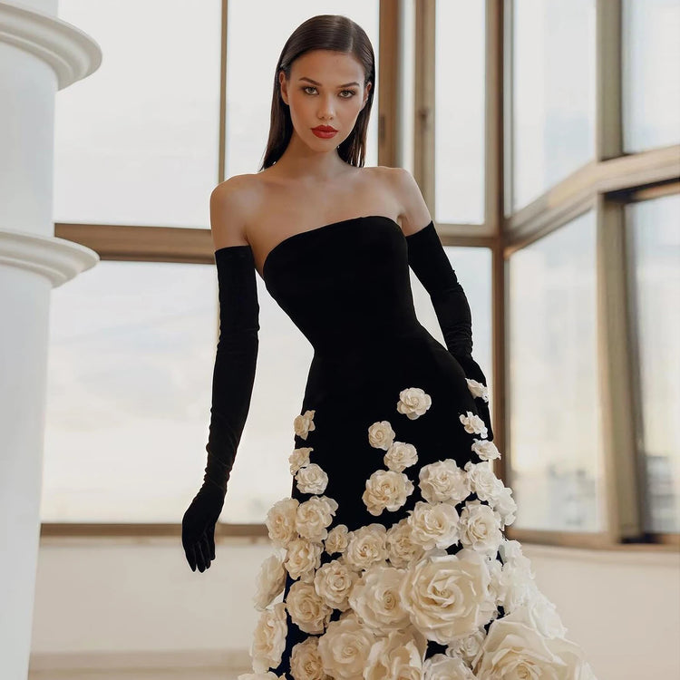 Vestido de Festa Longa Noite Floral Elegância em Preto e Branco