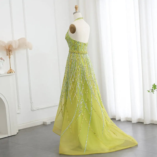 Vestido de Festa Verde Cristais com Decote Halter