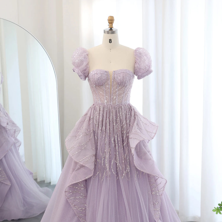 Vestido de Festa Longo Lilás Brilhante com Saia em Renda Volumoso - Modelo Especial